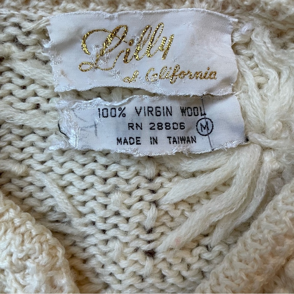 Vintage Cream Flower Textured 100% Wool Duster Long Open Cardigan size Medium - Picture 7 of 12
